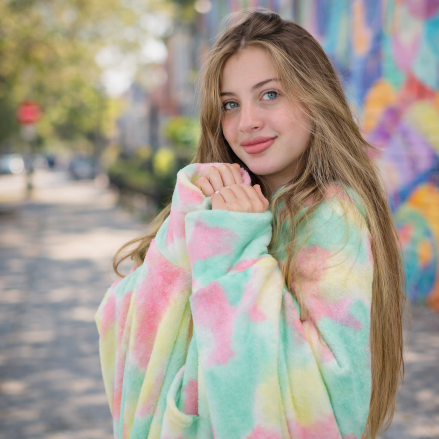 Wearable Hoodie Blanket – One Size Unisex – Green Tie Dye