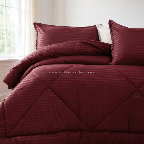 Luxury Hotel Striped Cotton Duvet with Pillowcases - Burgundy