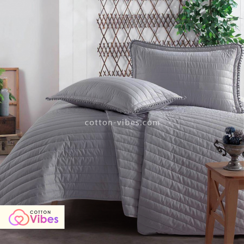 Quilted Summer Cotton Coverlet with Pillowcases – Grey