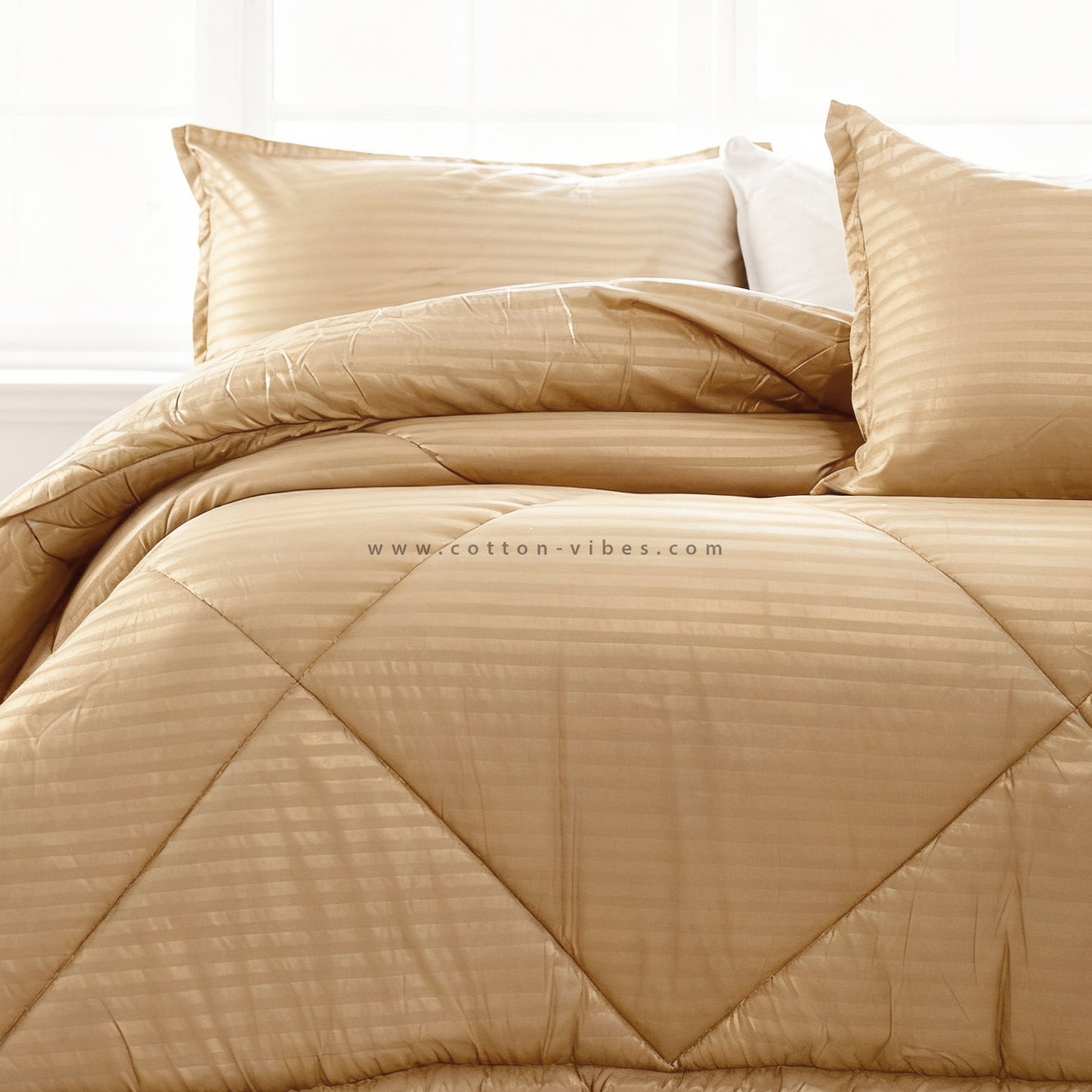 Luxury Hotel Striped Cotton Duvet with Pillowcases - Gold Beige