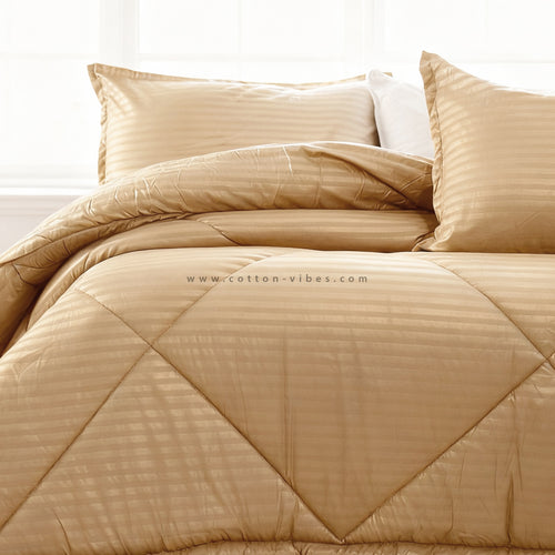 Luxury Hotel Striped Cotton Duvet with Pillowcases - Gold Beige