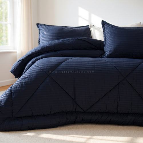 Luxury Hotel Striped Cotton Duvet with Pillowcases - Navy