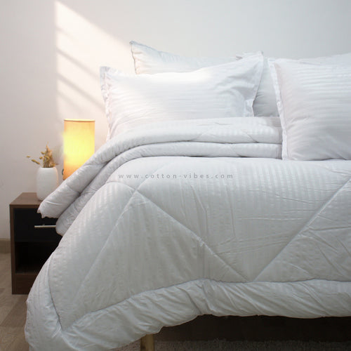 Luxury Hotel Striped Cotton Duvet with Pillowcases - White