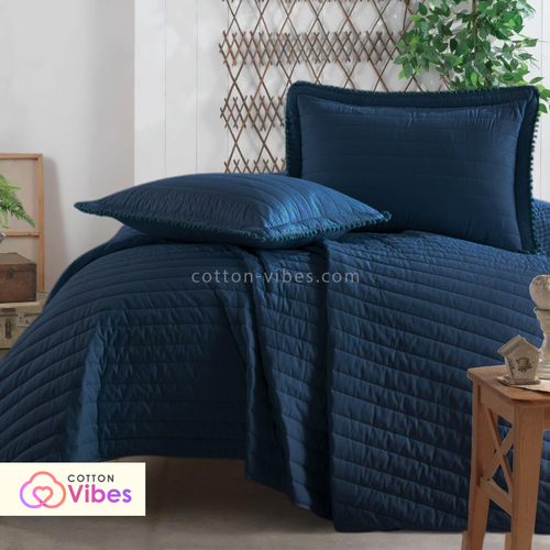 Quilted Summer Cotton Coverlet with Pillowcases – Navy