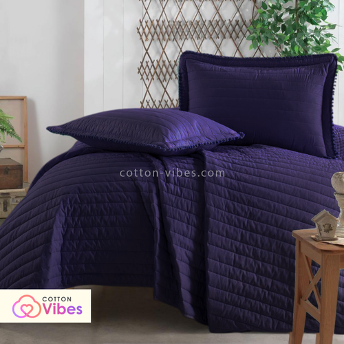 Quilted Summer Cotton Coverlet with Pillowcases – Dark Purple