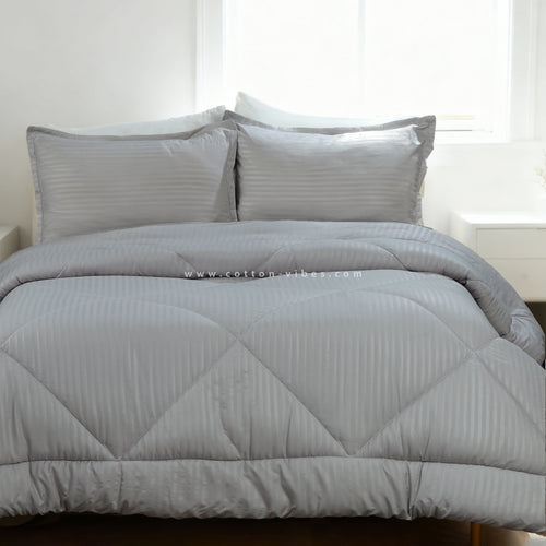 Luxury Hotel Striped Cotton Duvet with Pillowcases - Grey